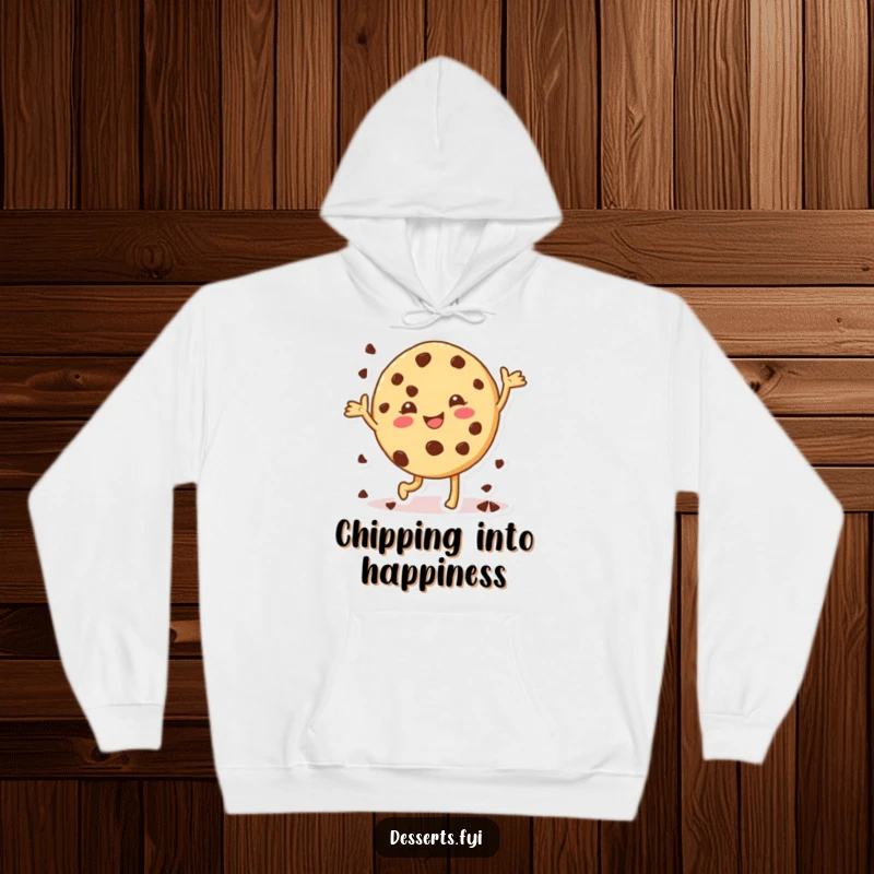Funny cookie hoodie featuring a happy character dancing with chocolate chips, offering warmth and a dose of sweet humor.