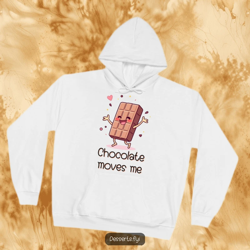 Funny hoodie featuring a joyful chocolate bar doing a vibrant, energetic dance, offering cozy comfort and a celebration of sweet energy.