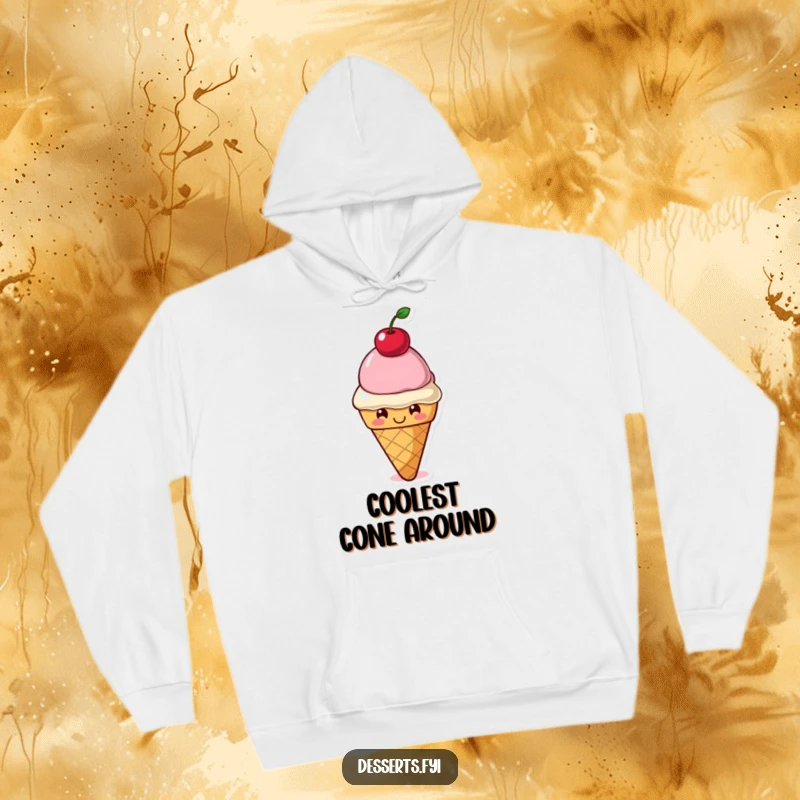Funny Hoodie: A happy ice cream cone character is shown balancing a cherry on its head, exuding playful sweetness and warmth.