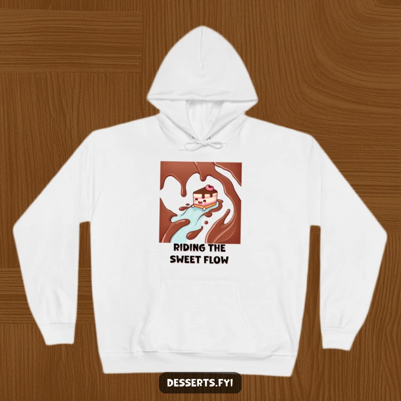 Funny cake character having the time of its life sliding down a chocolate syrup river on a cozy hoodie, pure joy.