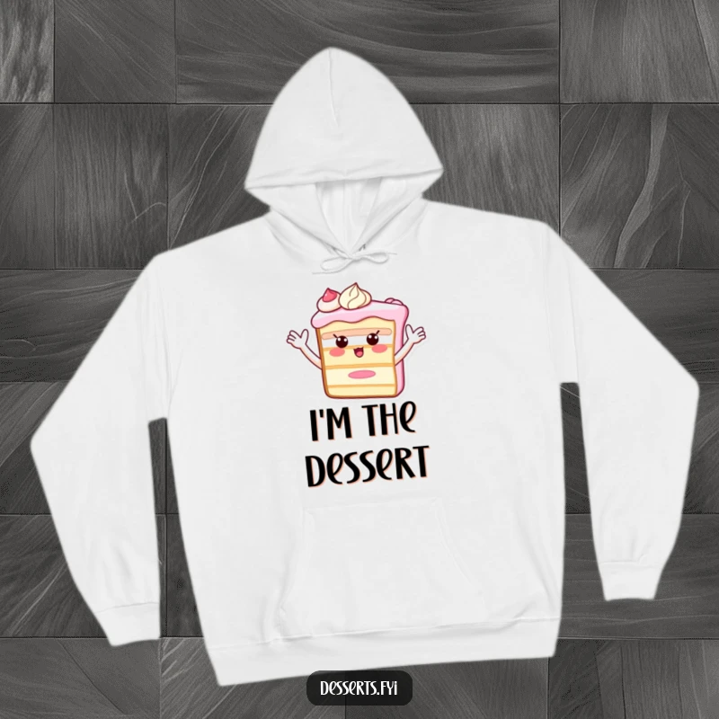 Funny Hoodie featuring a delightful cake slice with expressive frosting arms waving a friendly hello, radiating warmth and good humor.