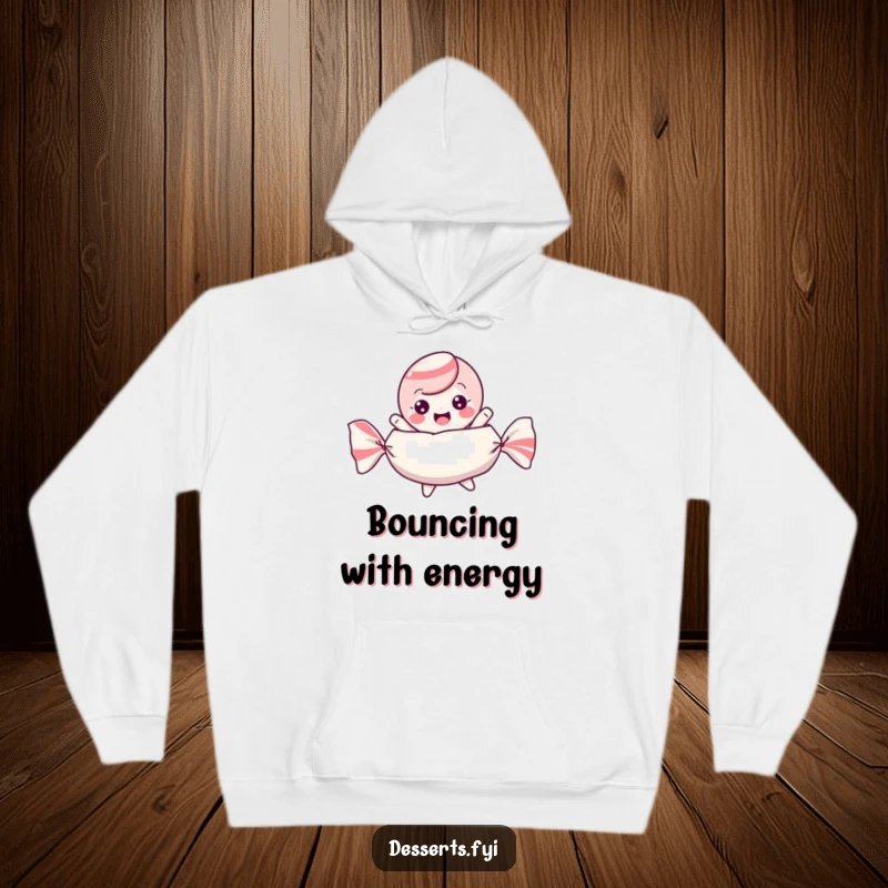 Funny hoodie with a playful candy character bouncing excitedly within its wrapper, embodying sweet energetic fun.