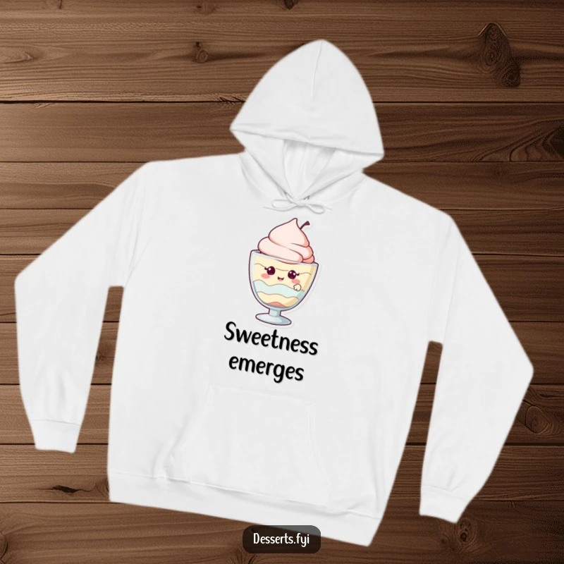 Funny hoodie featuring a giggling parfait character peeking out from its glass, offering sweet comfort and cheer.