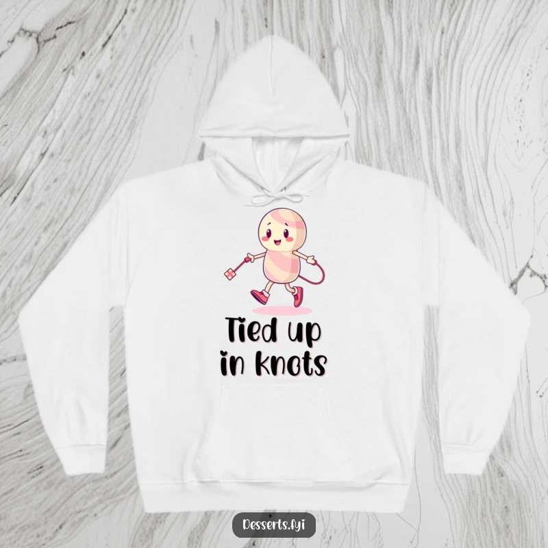 Funny Hoodie: An energetic candy character skips rope using a licorice string, symbolizing sweet activity and cozy fun.