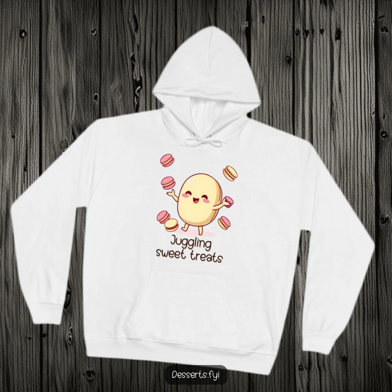 Funny Hoodie: A playful macaroon character juggles colorful macarons, symbolizing sweet fun and cozy comfort.