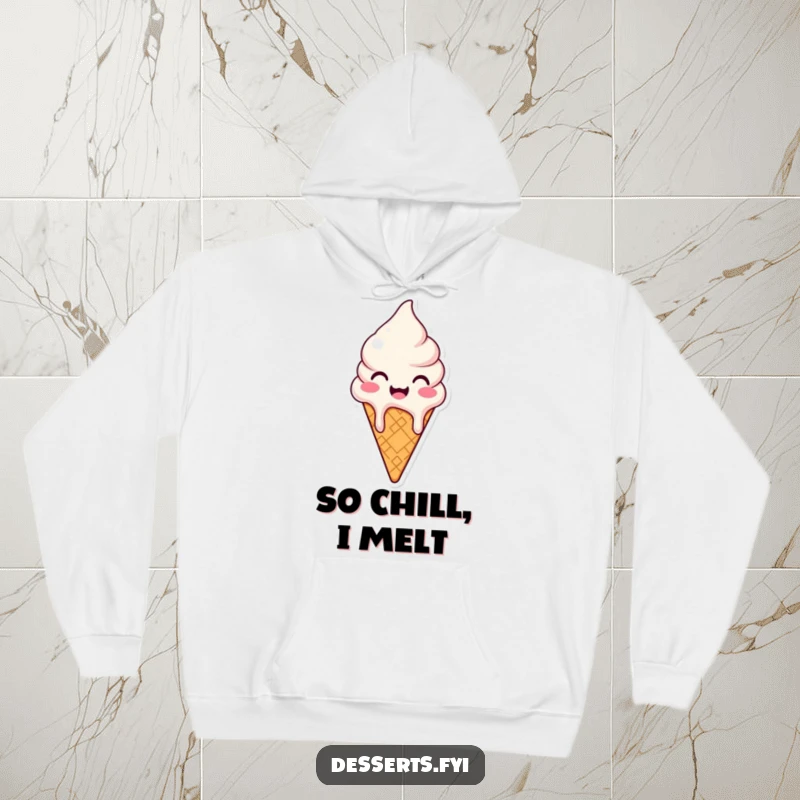 Funny hoodie featuring a happy ice cream cone character melting slightly with joy, offering cozy comfort and cheerful vibes.