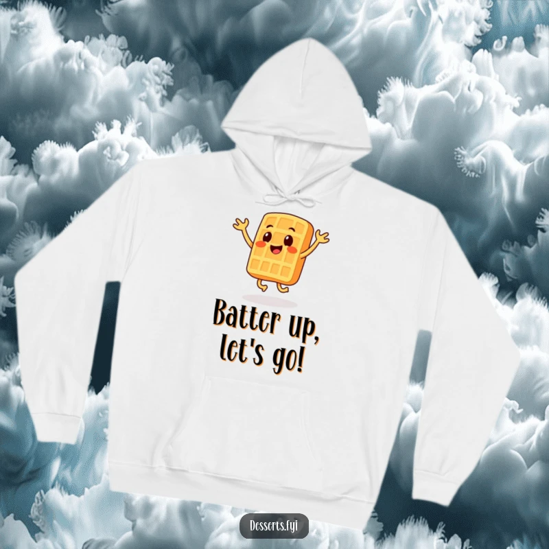 Funny hoodie with a smiling waffle character doing jumping jacks, perfect for staying warm and playful.