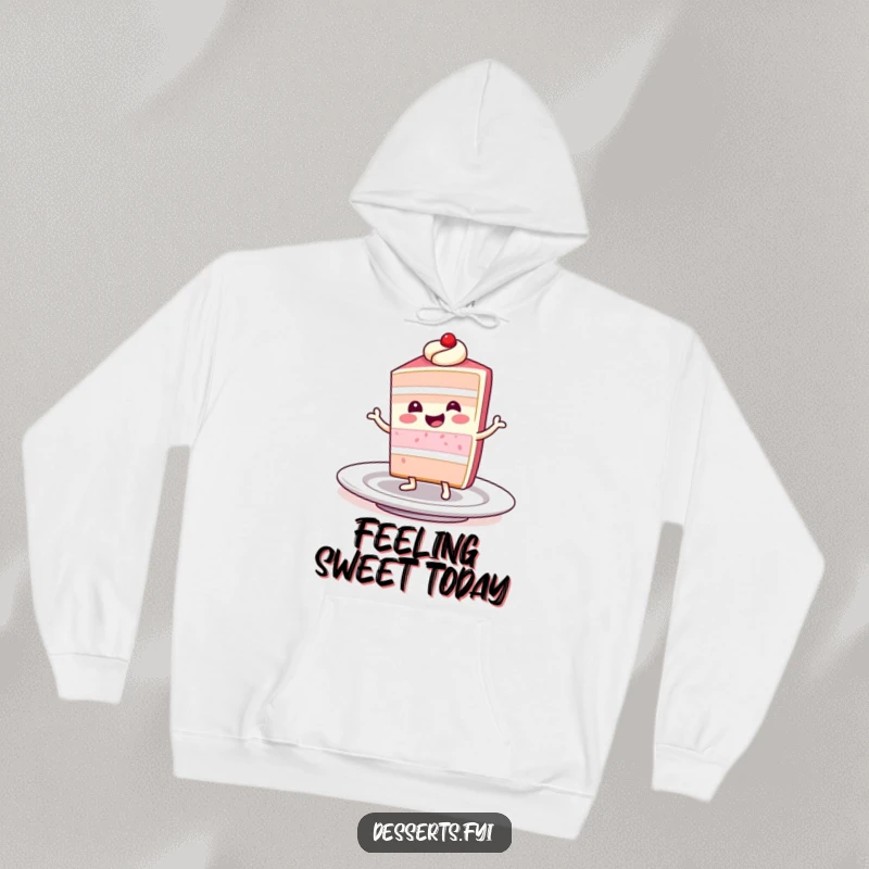 Funny hoodie showing a smiling slice of cake character doing a lively dance on a plate, offering sweet comfort and a cheerful vibe.