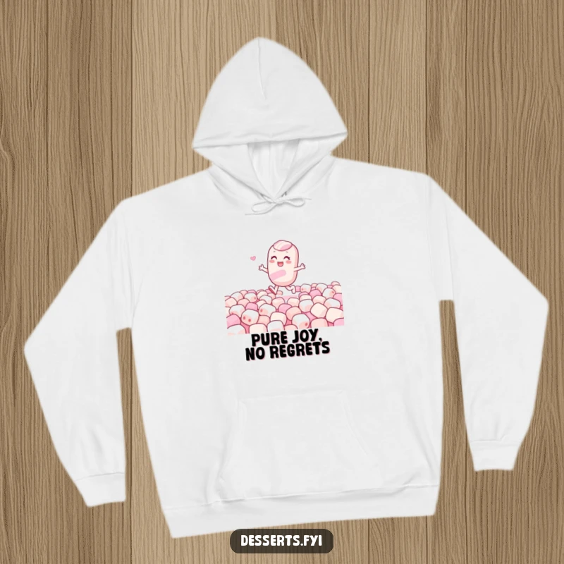 Funny hoodie showcasing a gleeful candy character skipping through a field of soft marshmallows, offering warmth and humorous charm.