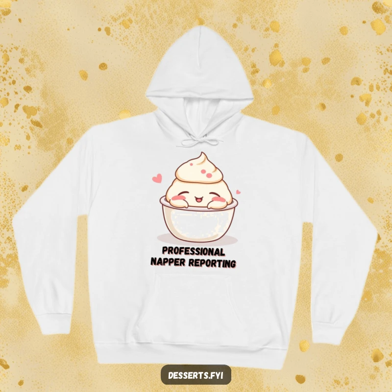 Funny pudding cup hoodie depicting a snoozing pudding with a peaceful expression, offering warmth and humorous charm.