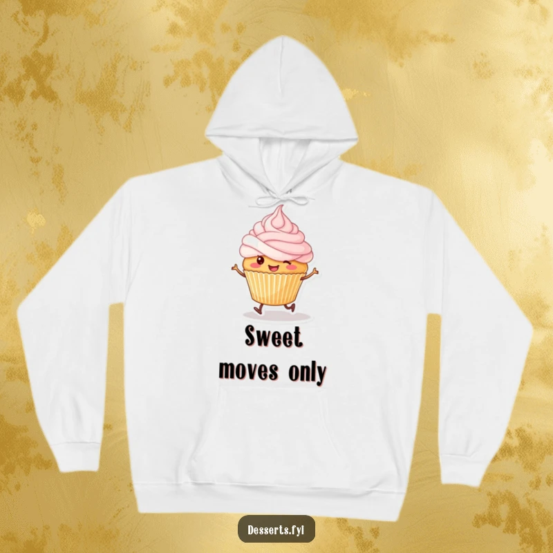 Funny hoodie illustrating a smiling cupcake with tiny legs on a happy skip, frosting artfully on its head.