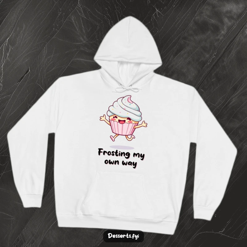 Funny cupcake hoodie featuring a happy character leaping with sparkly frosting, offering warmth and a dose of sweet humor.