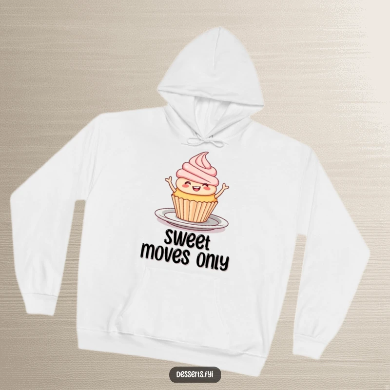 Funny Hoodie: A smiling cupcake doing a lively jig on a plate, radiating pure dessert joy.