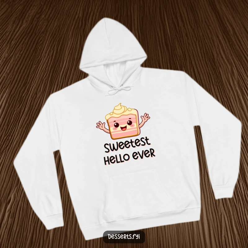 Funny hoodie illustrating a playful slice of cake with frosting arms waving enthusiastically, embodying cheer.