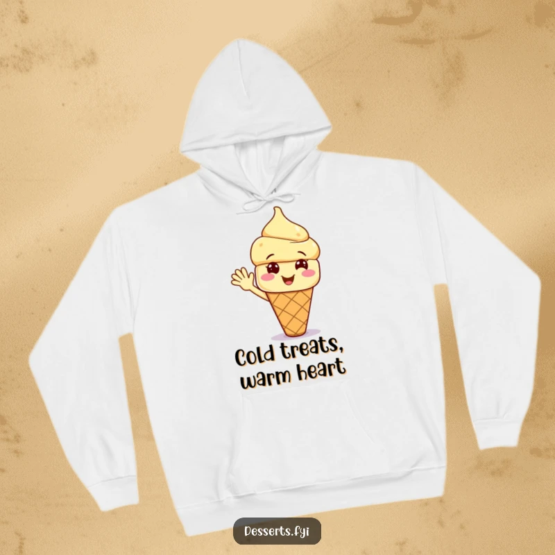 Funny hoodie with a smiling ice cream cone character waving enthusiastically, offering a warm and humorous wearable treat for fans.