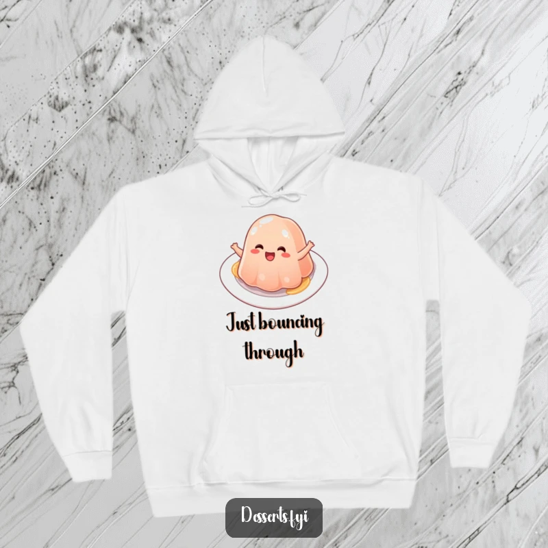 Funny jelly hoodie featuring a happy character bouncing with delight, offering warmth and a dose of jiggly humor.