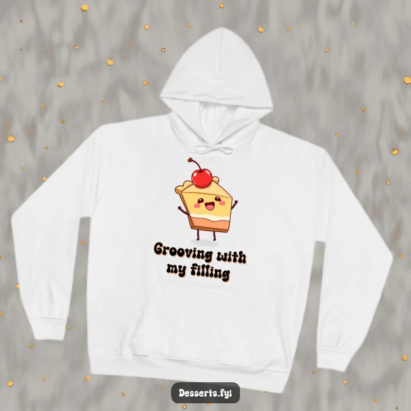 Funny hoodie depicting a joyful slice of pie with a cherry on top dancing, embodying festive cheer.