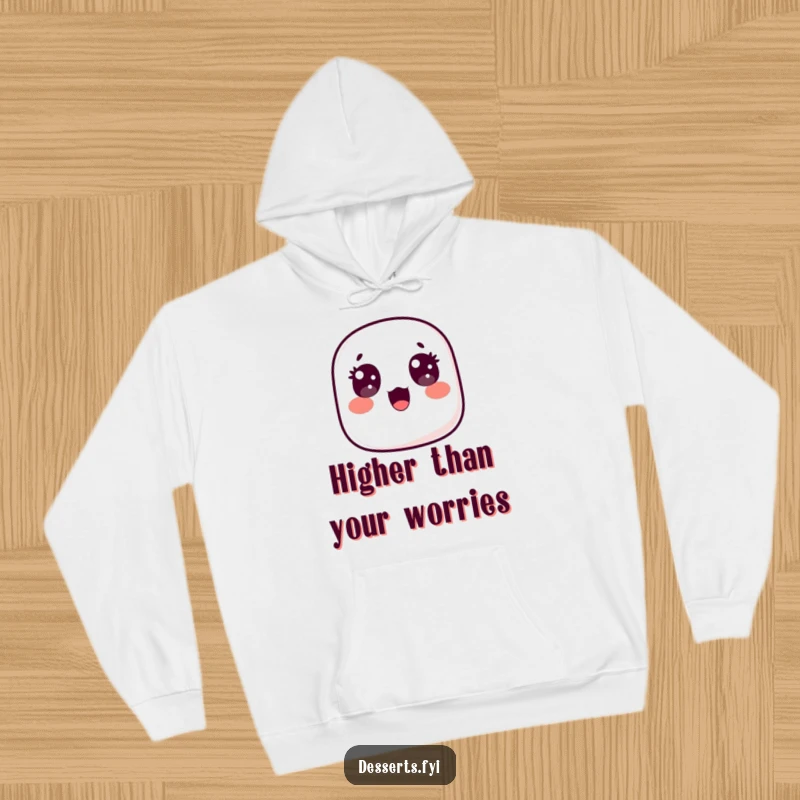 Funny hoodie featuring a surprised marshmallow floating upwards with wide, happy eyes, offering cozy comfort and a humorous, delightful visual for all.