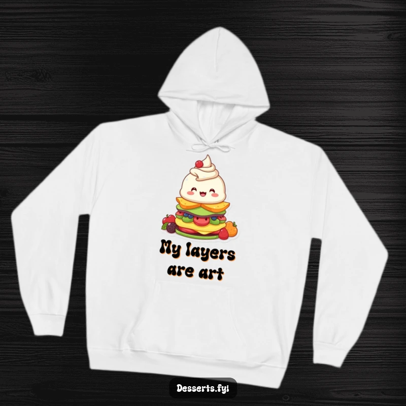 Funny hoodie showcasing a beaming parfait character's excited efforts to stack delicious fruity dessert layers, a cozy and comical apparel.