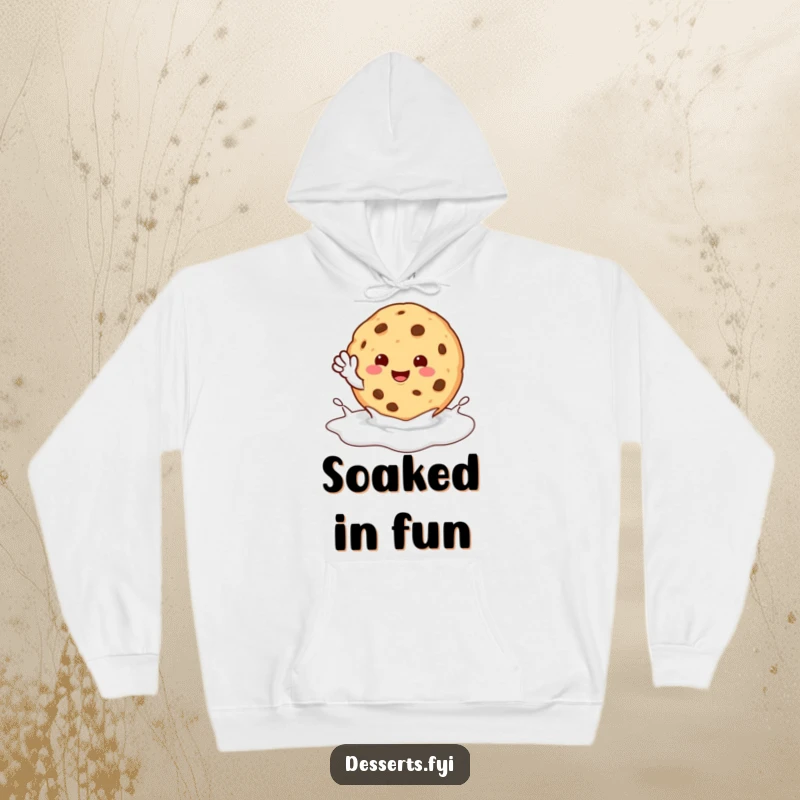 Funny Hoodie: A happy cookie character waves from a milk puddle, offering a cozy and humorous design perfect for relaxation.