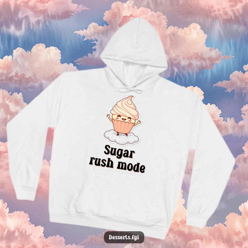 Funny Hoodie: A smiling cupcake character joyfully dances on a cloud, offering a cozy and humorous design.
