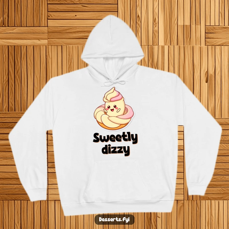 Funny hoodie featuring a cheerful pastry character twirling around a swirl of frosting, offering cozy comfort with a dash of sweet, humorous fun.