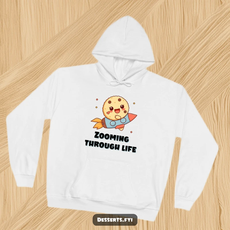 Funny Hoodie: A cheerful cookie character zooms on a tiny rocket, offering cozy comfort and adventurous spirit.