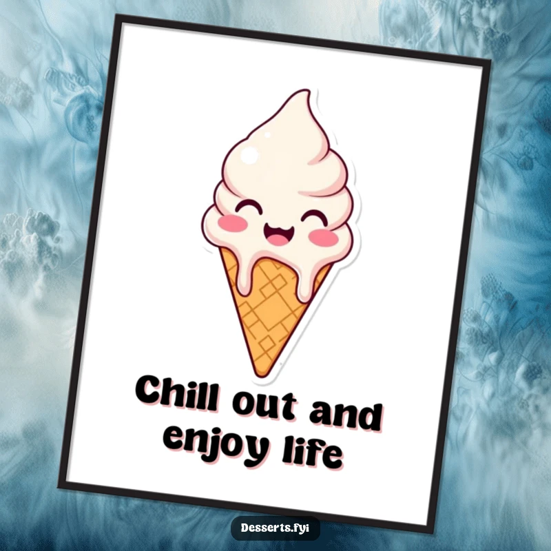 Funny Free Printable Ice Cream cone character melting with happiness, a cool addition to wall art.