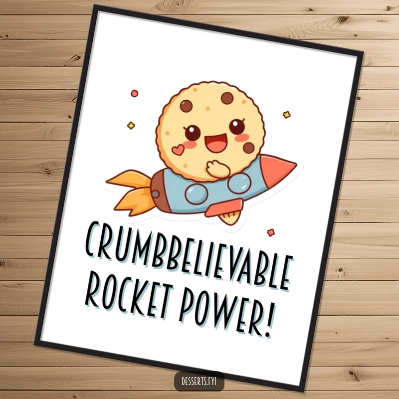 Funny free printable wall art of a cheerful cookie character zooming around on a tiny rocket, exploring the cosmos with glee.