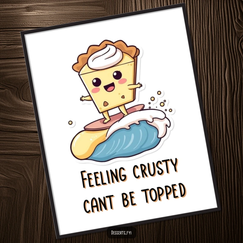 Funny Free Printable Wall Art: Happy pie character surfs on a custard wave, sweet surf decor, downloadable art.