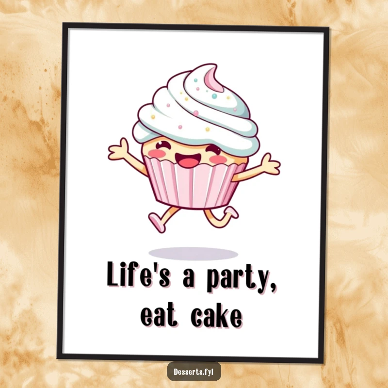 Funny Free Printable cupcake wall art, a smiling character joyfully leaping with sparkly frosting, adding a festive touch.