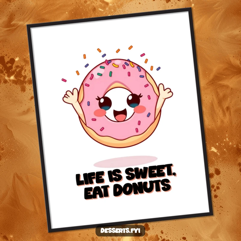 Funny Free Printable donut wall art, a super happy character gleefully tossing sprinkles, adding cheer to any space.