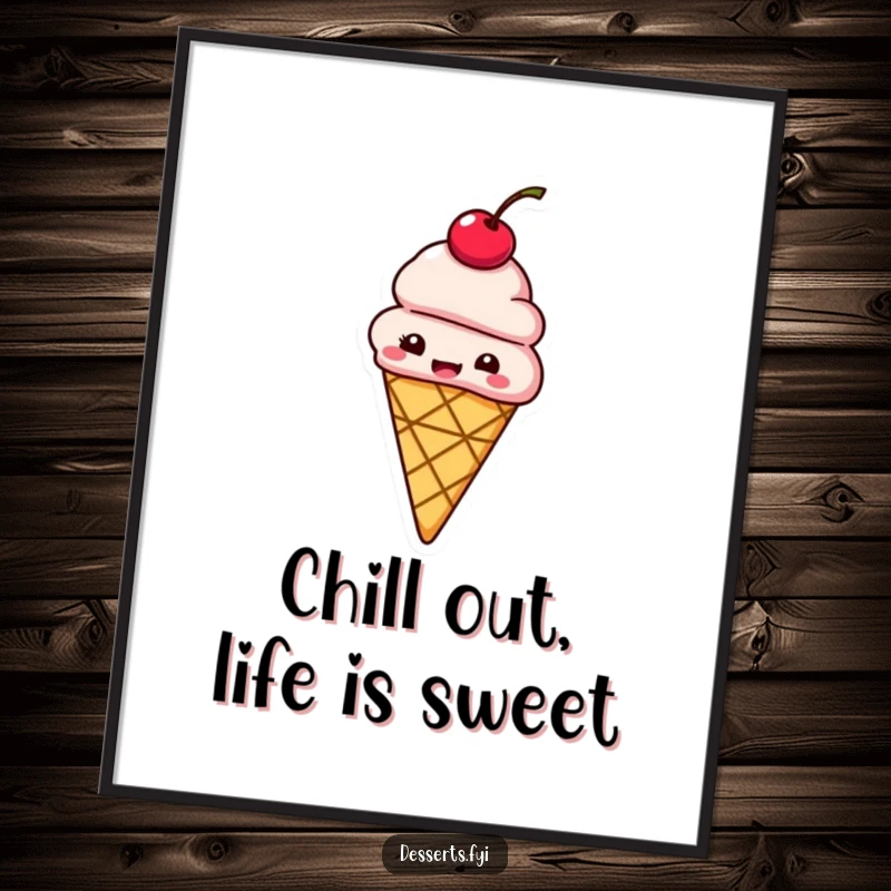 Free Printable Wall Art: Giggling ice cream cone with cherry on top bounces with pure delight.