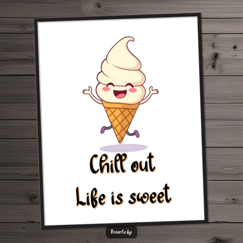 Funny Free Printable Wall Art: A smiling ice cream cone character with legs enthusiastically doing a happy jig, full of sweet celebration.