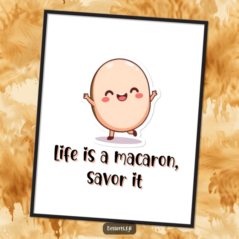 Funny Free Printable Macaron Wall Art: Delighted macaron doing a graceful twirl, sweet decor, downloadable art.
