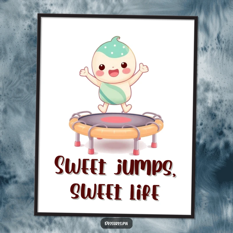 Humorous Free Printable Wall Art of a candy character in mid-air, joyfully bouncing on a vibrant taffy trampoline, full of energy.