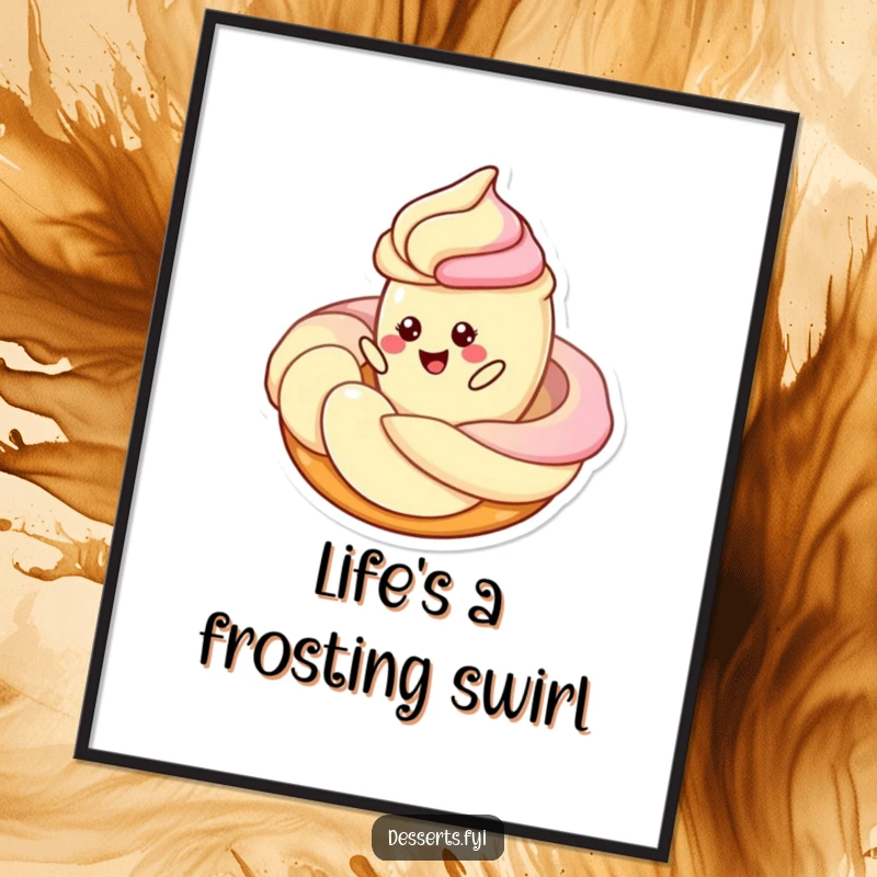Funny Free Printable Wall Art: A cheerful pastry character spins playfully around a big swirl of frosting, bringing whimsical charm.