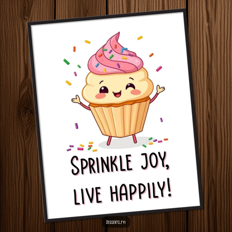 Funny free printable wall art of a happy cupcake character juggling a cascade of colorful sprinkles, creating a joyful spectacle.