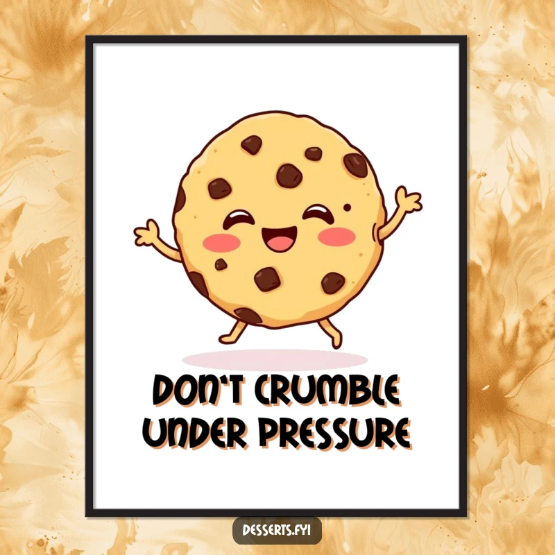 Funny Free Printable Wall Art: A happy cookie character with chocolate chips dances with glee, a delightful downloadable piece of cheerful decor.