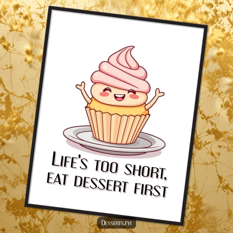 Funny Free Printable Wall Art: A smiling cupcake does a joyful jig on a plate, creating sweet and quirky decor.