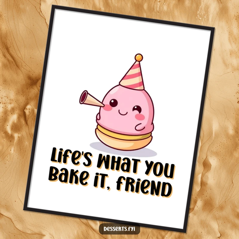 Funny Free Printable Wall Art: Happy macaron in a party hat blows a horn, creating festive and quirky decor.