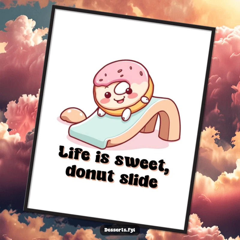Funny free printable wall art of a cheerful donut with frosting sliding gleefully down a slide, adding playful charm.