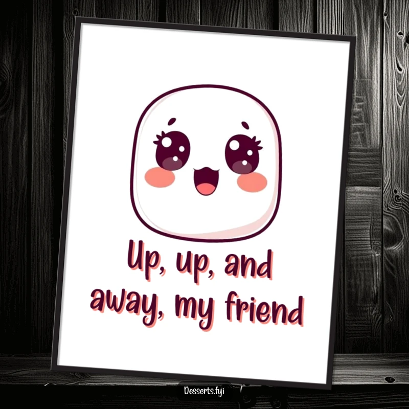 Funny Free Printable Wall Art: A shocked marshmallow with wide, happy eyes floats upwards, bringing sweet, unexpected humor to any wall.