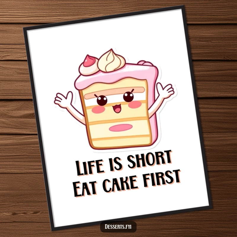 Funny Free Printable Wall Art: A playful cake slice character with outstretched frosting arms waves enthusiastically, making a cheerful downloadable decor piece.