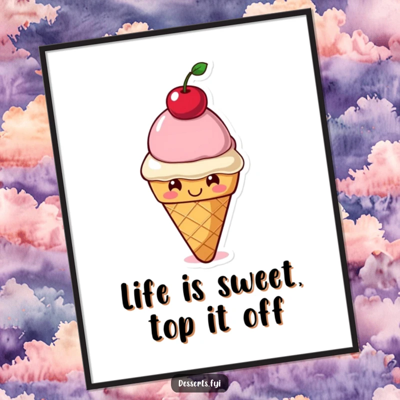 Funny Free Printable Wall Art: Smiling ice cream cone character cheerfully balancing a cherry on its head, adding a sweet touch of humor.