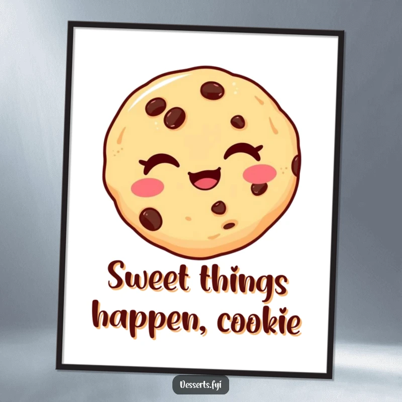 Funny free printable wall art of a delighted cookie with chocolate chips winking playfully, adding personality to any room.