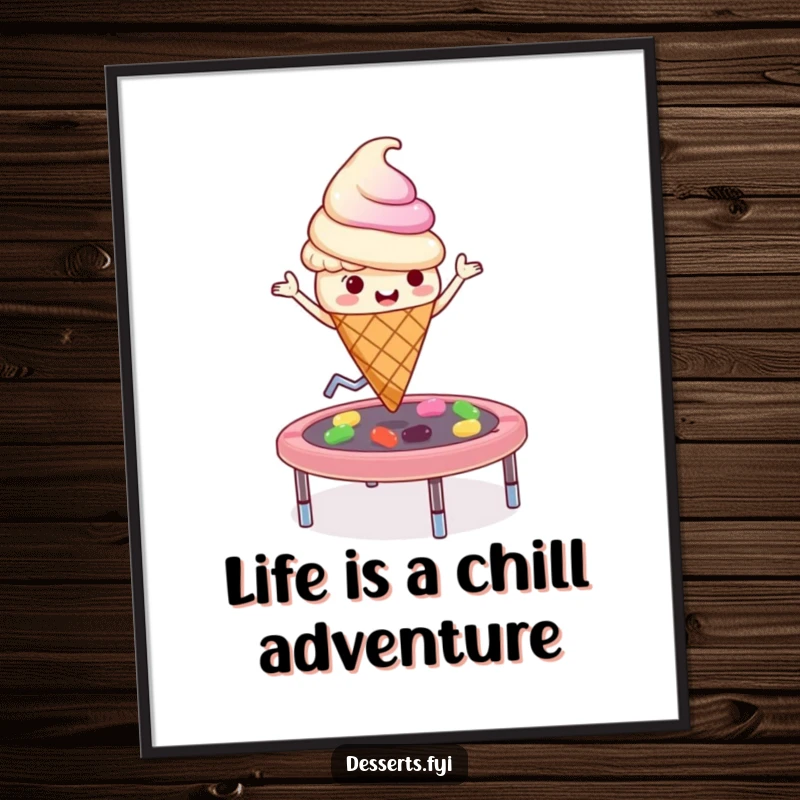 Funny Free Printable Wall Art: Playful ice cream cone character bounces on a jelly bean trampoline, sweet fun decor, downloadable art.