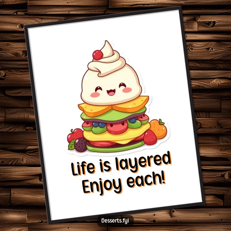 Funny Free Printable Wall Art featuring a beaming parfait character busily stacking delicious fruity dessert layers, pure joy.