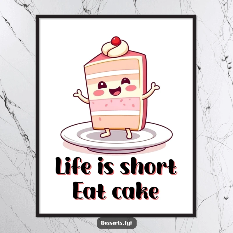 Funny Free Printable Wall Art: Smiling slice of cake character happily dancing on a plate.