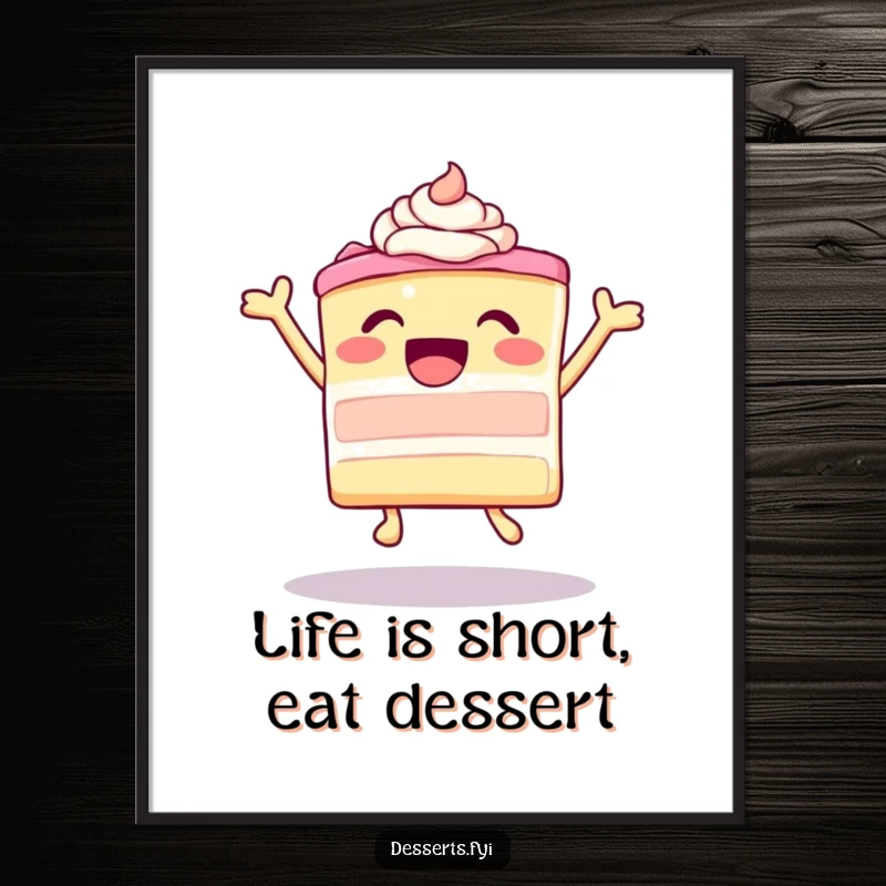 Funny free printable wall art of a leaping, ecstatic cake with frosting, radiating pure joy and playful energy for any room.